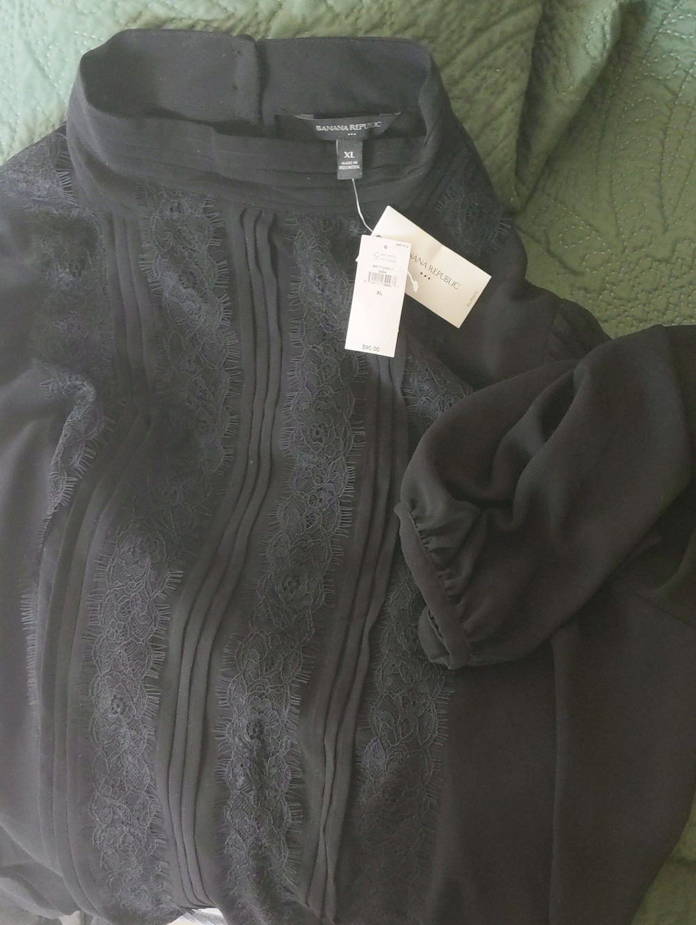 Banana Republic Black Long-Sleeve Lace-Front Blouse